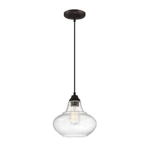 Meridian 10 in. W x 10 in. H 1-Light Oil Rubbed Bronze Pendant with Clear Seeded Glass Shade