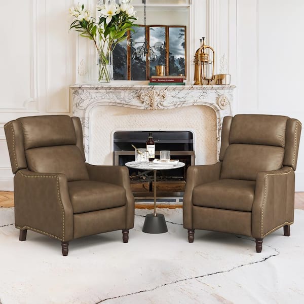 Lange 28 in. W Grayish Brown Genuine Leather Nailhead Trim Recliner Chair Arm Chair with Wooden Legs (Set of 2)