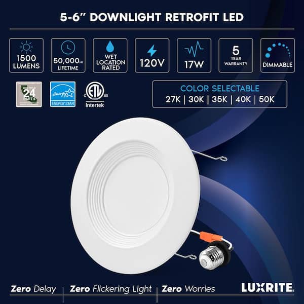 5/6 in. LED Can Light Adjustable CCT 2700K-5000K 17W=90W 1500LM Dimmable Integrated LED Recessed Baffle Trim (6-Pack)