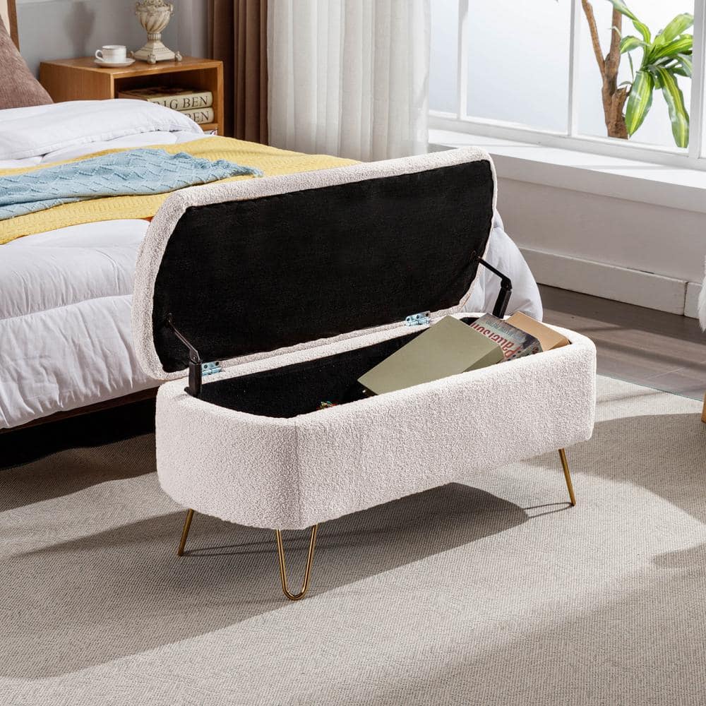 Modern Lvory White Storage Dining Bench for Bedroom W 40 in.