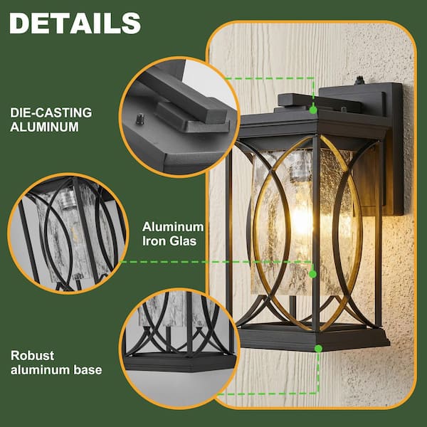 Black Outdoor Wall Lantern 13.8 in. Dusk to Dawn Hardwired with