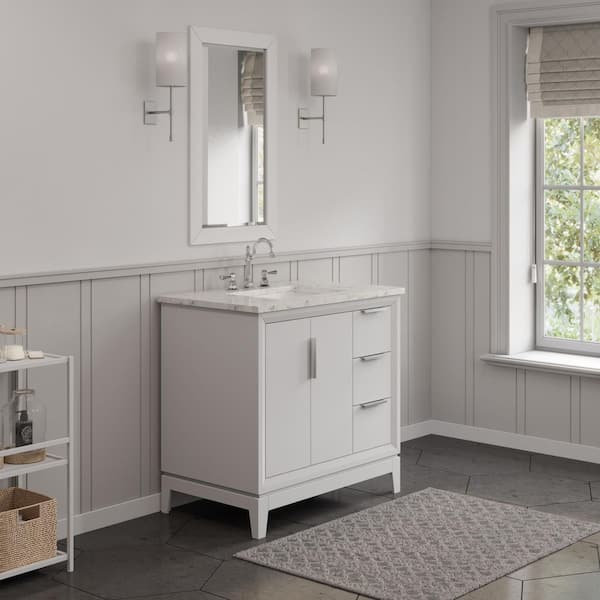Elizabeth Collection 36 in. Bath Vanity in Pure White With Vanity Top in Carrara White Marble - Vanity Only