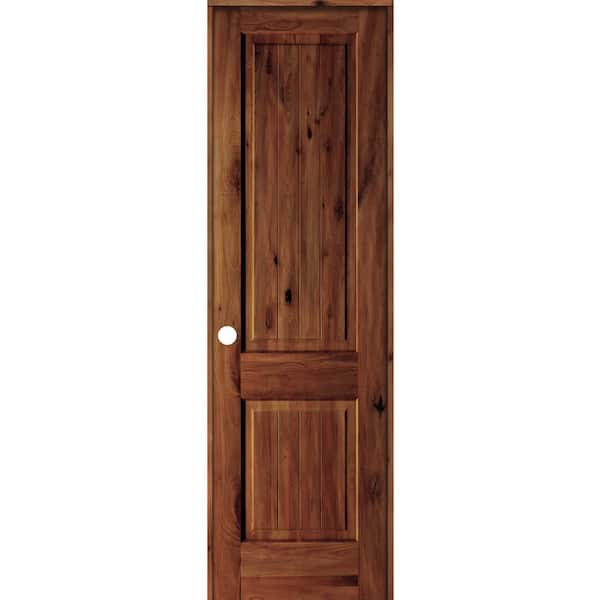 Krosswood Doors 28 in. x 96 in. Knotty Alder 2 Panel Right-Hand Sq. Top V-Groove Red Chestnut Stain Wood Single Prehung Interior Door