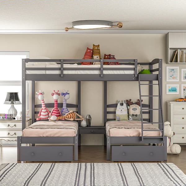Gray Full Over Twin and Twin Triple Bunk Bed with Drawers