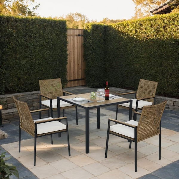 5-Piece Wicker Outdoor Dining Set with Yellow Cushion, Dining Table and Umbrella Hole