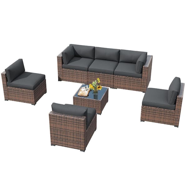 Brown Rattan Wicker 7-Piece Outdoor Patio Conversation Set with Gray Cushions and Coffee Table 6-Seat
