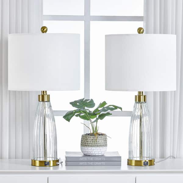 Maxax 24.5 in. Beige Modern Dimmable Glass Bedroom Living Room Bedside Desk Nightstand Table Lamps USB Port (Set of 2)