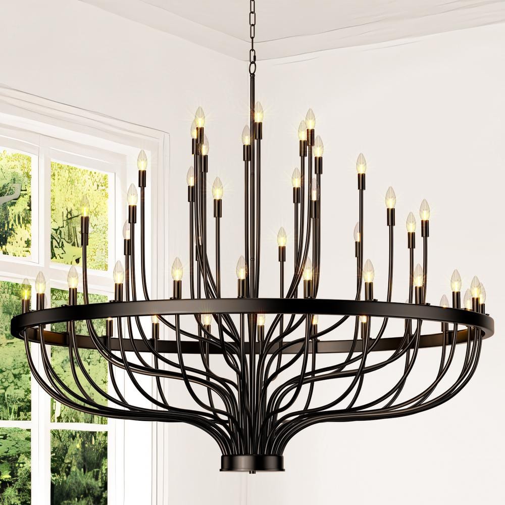 48 Light Large Black Candle Style Wagon Wheel Farmhouse Traditional Chandel
