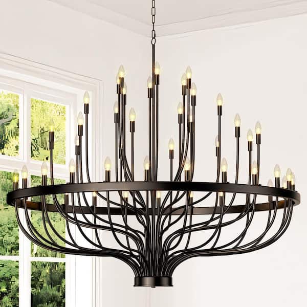 48 Light Large Black Candle Style Wagon Wheel Farmhouse Traditional Chandelier for High Ceilings Foyer Dining Room