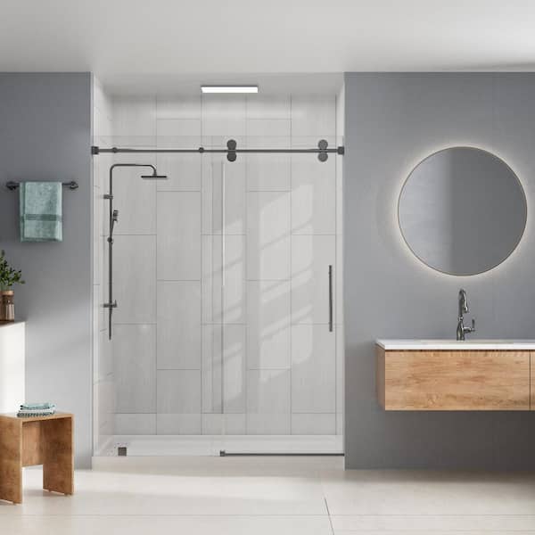 32 in. L x 60 in. W x 96 in. H Alcove Shower Stall/Kit Sliding Door in Matte Black with Left Drain and Big Brick Wall
