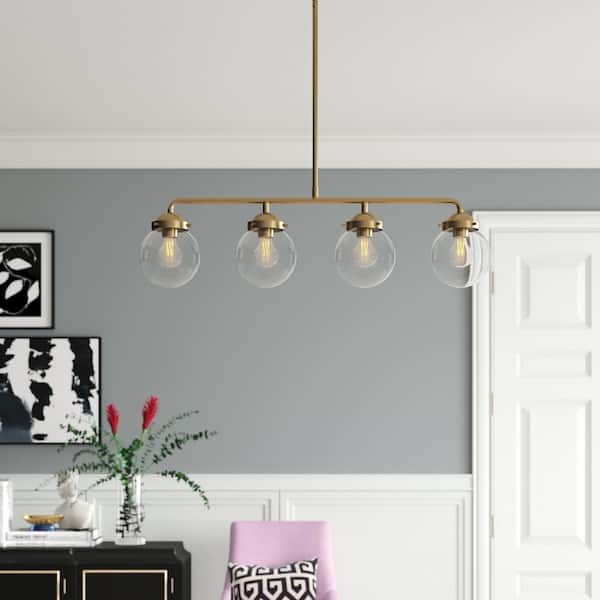 Knoll 4-Light Brushed Gold Retro Linear Chandelier for Kitchen Islands with No Bulbs Included