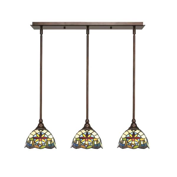 Livingston 100-Watt 3-Light Bronze Shaded Pendant Light with 7 in. Earth Star Art Glass Shades, No Bulbs