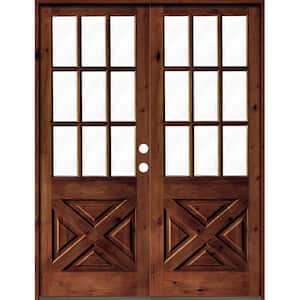 64 in. x 96 in. Knotty Alder 2 Panel Left-Hand/Inswing Clear Glass Red Chestnut Stain Double Wood Prehung Front Door
