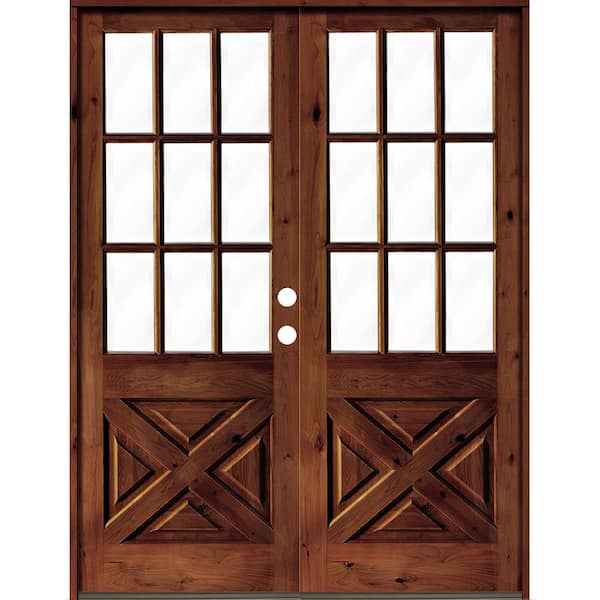 Krosswood Doors 64 in. x 96 in. Knotty Alder 2 Panel Left-Hand/Inswing Clear Glass Red Chestnut Stain Double Wood Prehung Front Door