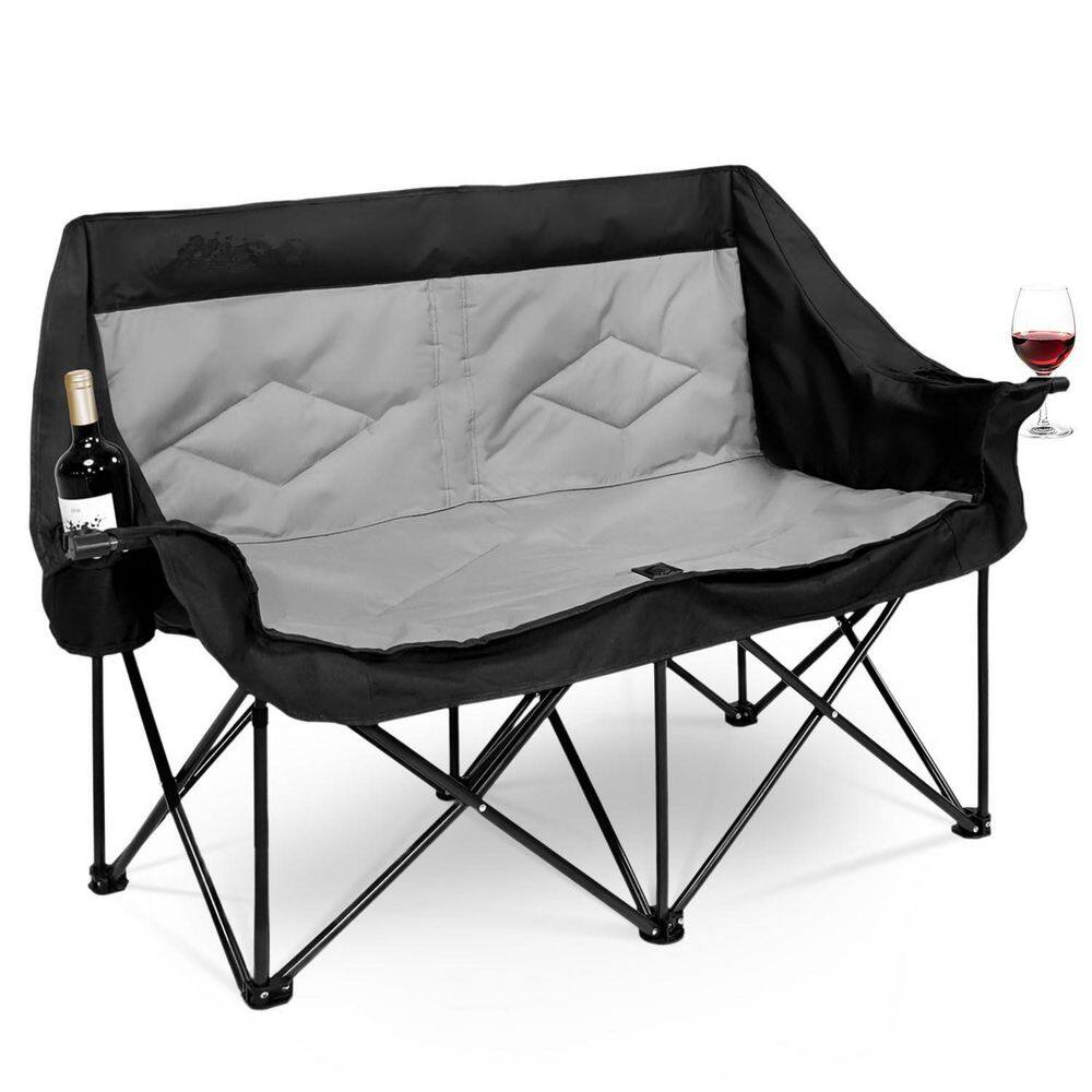 Black Outdoor Folding Chair Oxford Fabric Folding Lawn Chair 2 Person Campi