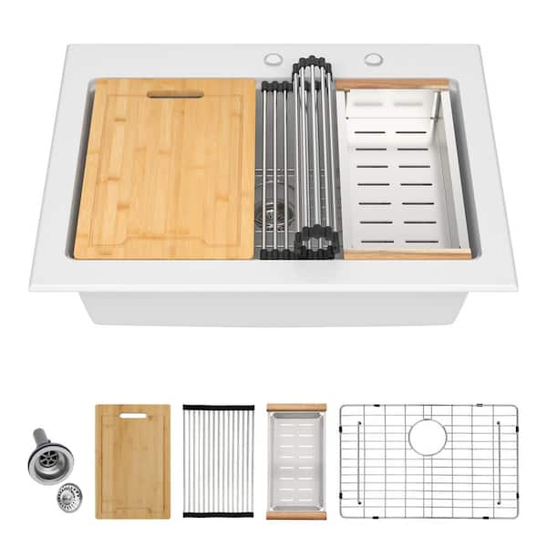 30 in. Drop In Single Bowl White Workstation Quartz Composite Kitchen Sink with Strainer