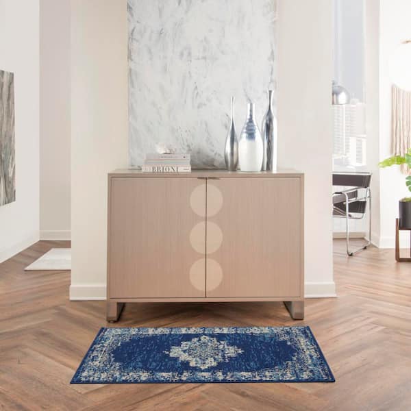Grafix Navy Blue doormat 2 ft. x 4 ft. Persian Medallion Transitional Kitchen Area Rug