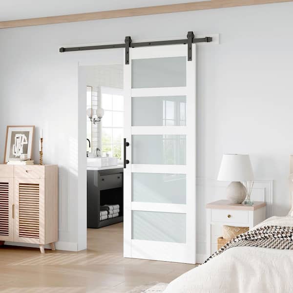 32 in. x 84 in. 5-Lite Frosted Glass White Finished MDF Sliding Barn Door with Hardware Kit