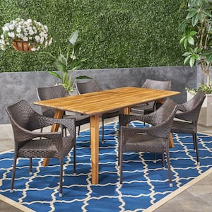 Grove Teak Brown 7-Piece Wood and Multi-Brown Faux Rattan Outdoor Dining Set