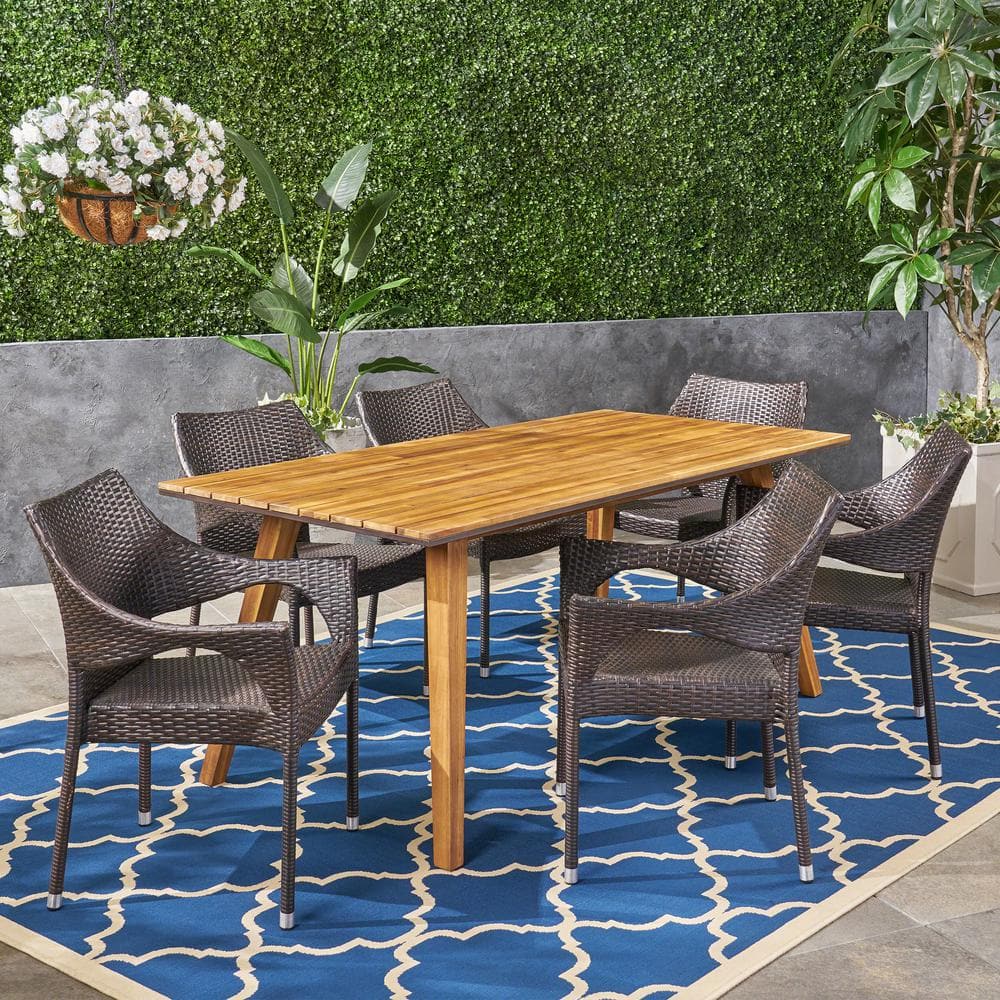 Grove Teak Brown 7-Piece Wood and Multi-Brown Faux Rattan Outdoor Dining Set price history on PriceWatchPro