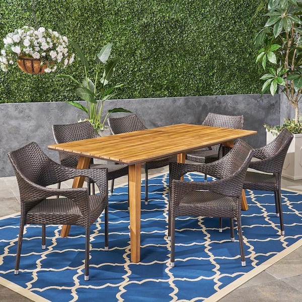 Noble House Grove Teak Brown 7-Piece Wood and Multi-Brown Faux Rattan Outdoor Dining Set