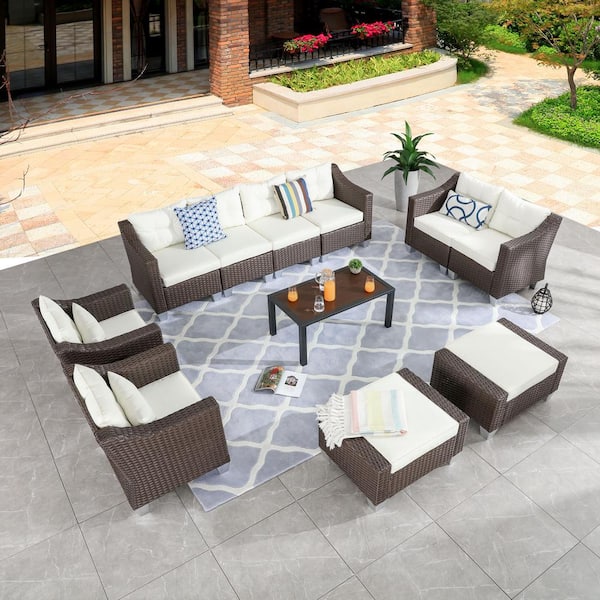 Patio Festival 11-Piece Wicker Patio Conversation Set with Beige Cushions