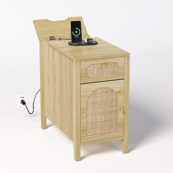 12.87 in. Oak Wood Round MDF Rattan End Table with Drawer, Cabinet and Power Outlet