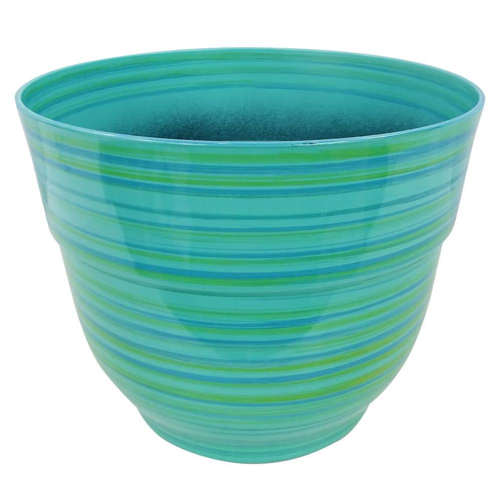 13 in. Indoor/Outdoor Plastic Round Striped Polypropylene Planter, Turquois