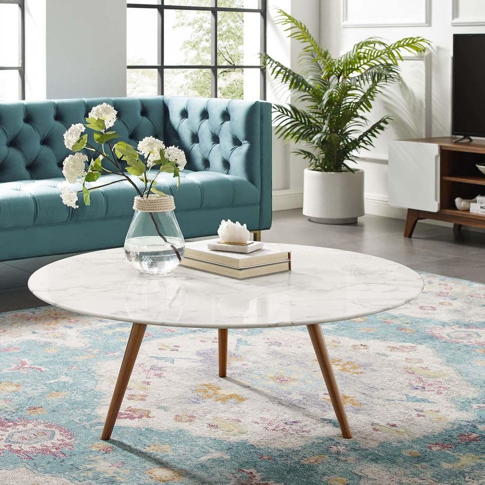 Lippa 40 in. White Round Faux Marble Coffee Table with Walnut Tripod Base