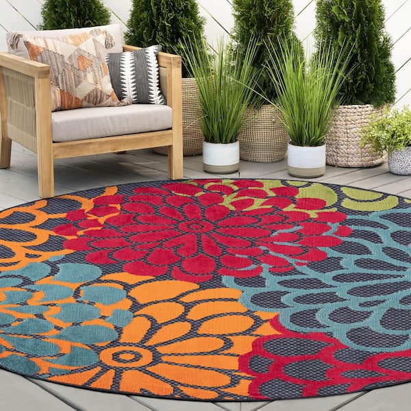 Oasis Floral Navy 8 ft. Round Indoor/Outdoor Area Rug