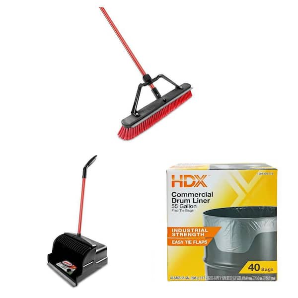 24 in. Squeegee Push Broom, 16 in. Scoop Dustpan and 55 Gallon Drum Liner Trash Bags Combo (40-Count)