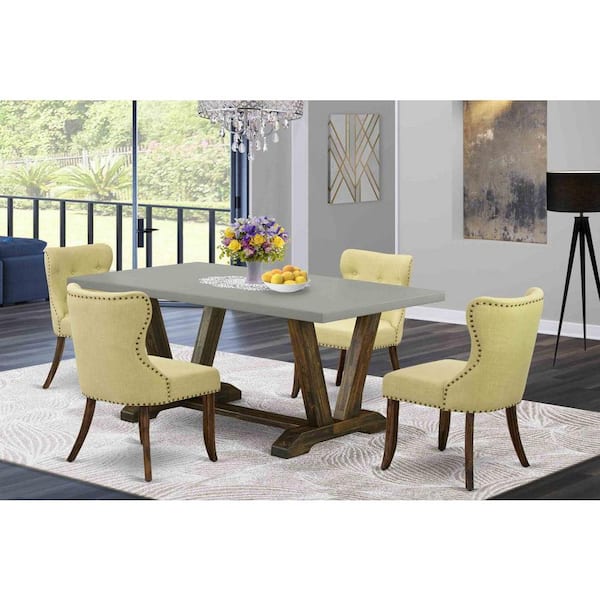 East West Furniture 5-Piece Rectangle Distressed Jacobean Finish Solid Wood Top Dining Table with 4 Parson Chair with Lattice Back