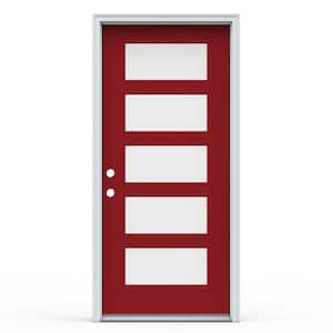 36 in. x 80 in. Flush Right-Hand Inswing 5-Lite Clear Cranberry Fiberglass Prehung Front Door with Brickmould
