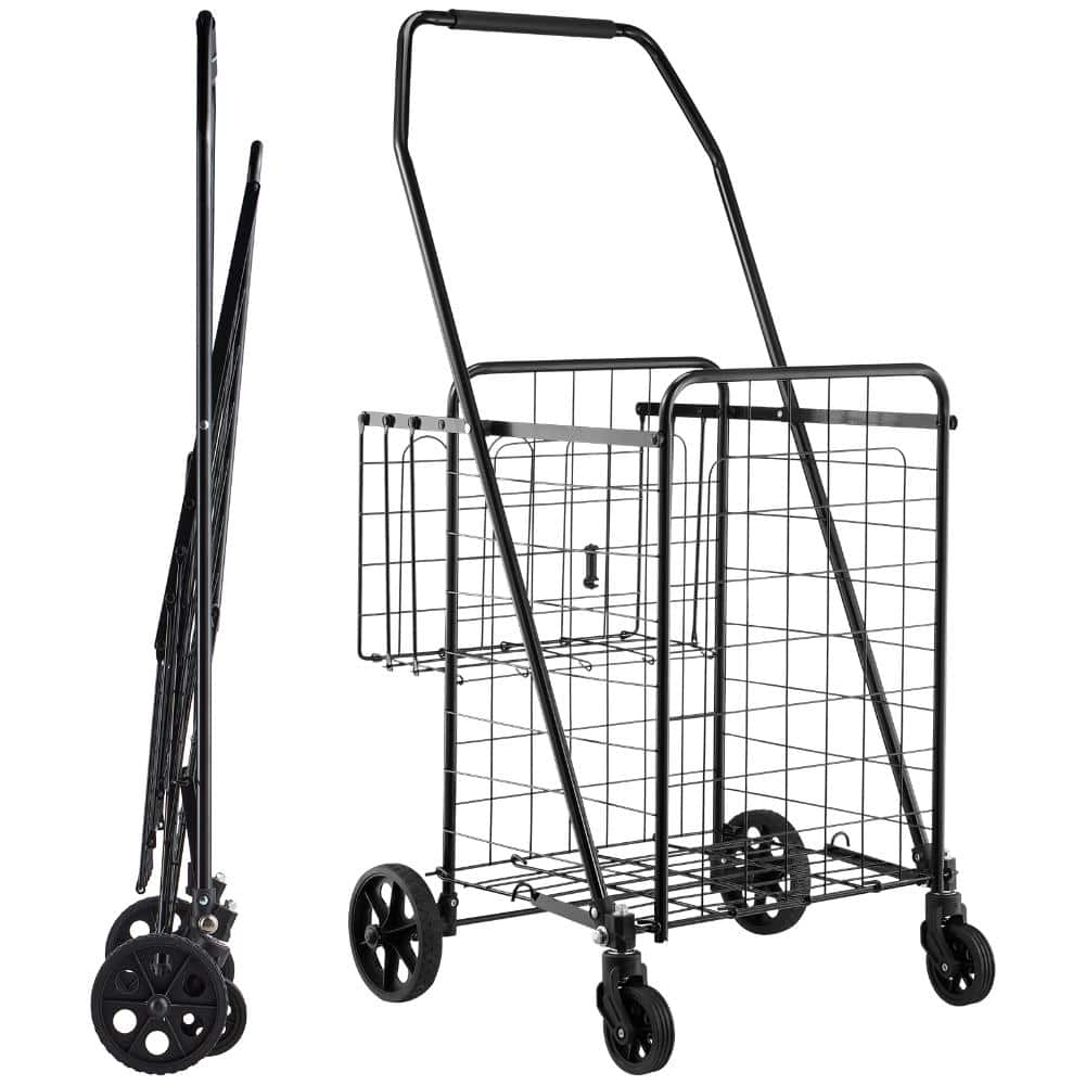 Black 100 lb. Capacity Metal Folding Shopping Hand Truck with Dual Baskets, Waterproof Liner and Wheels price history on PriceWatchPro