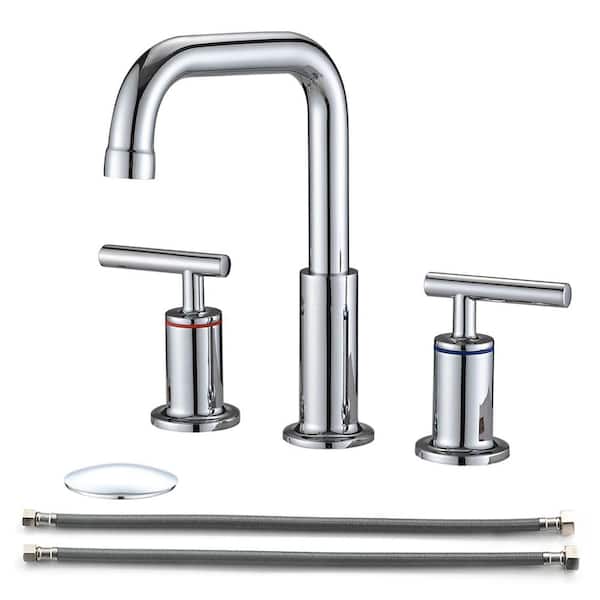 FLG 8 in. Widespread Double Handle Bathroom Faucet with Pop-up Drain Kit 3 Holes Brass Sink Basin Faucets in Polished Chrome
