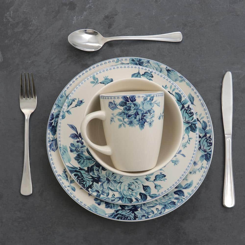 Elegant Floral Blue & White Ceramic Dinnerware Set, Service for 4