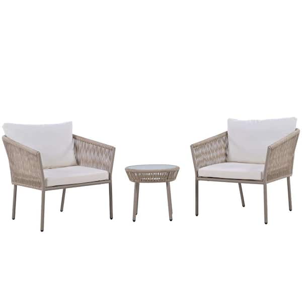 Polibi Beige 3-Pieces Rattan Woven Rope Patio Conversation Set with White Polyester Cushion, 2 Single Chairs and 1 Coffee Table