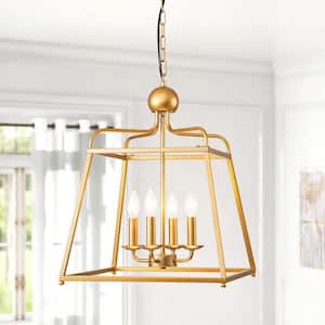 Elutheria 4-Light Brass Modern Lantern Chandelier Vintage Farmhouse Geometric Cage Pendant Light with Candle Style
