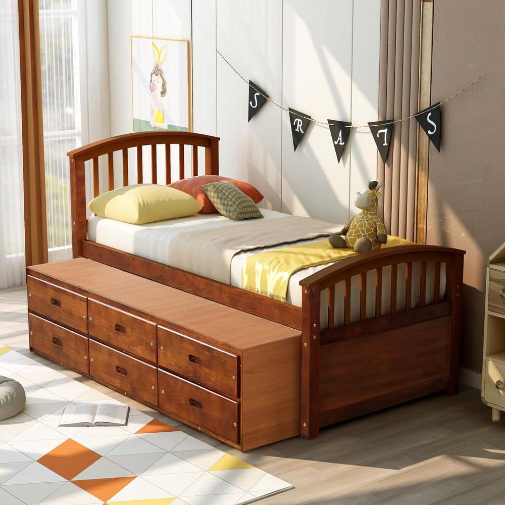 Braylen Brown Walnut Finish Solid Wood Frame Twin Size Platform Bed with Slat Design Headboard and Footboard, Drawers price history on PriceWatchPro