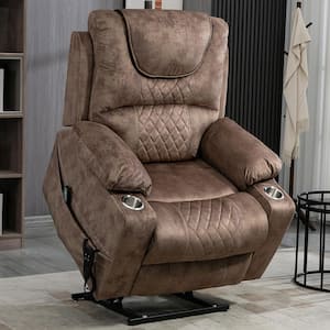 Coffee Velvet Lay Flat Lift Heating Massage Recliner With Cup Holder
