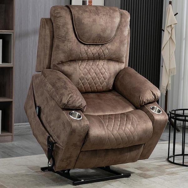 KINWELL Coffee Velvet Lay Flat Lift Heating Massage Recliner With Cup Holder
