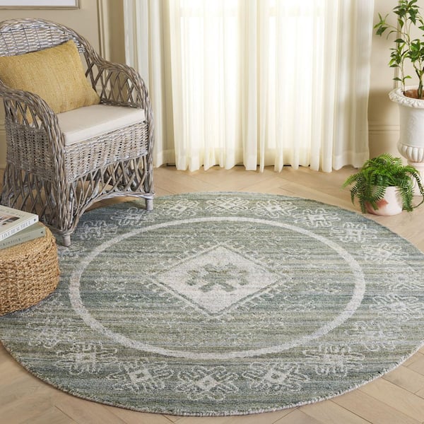 Marquee 6 ft. x 6 ft. Green/Sage Striped Ornate Round Area Rug
