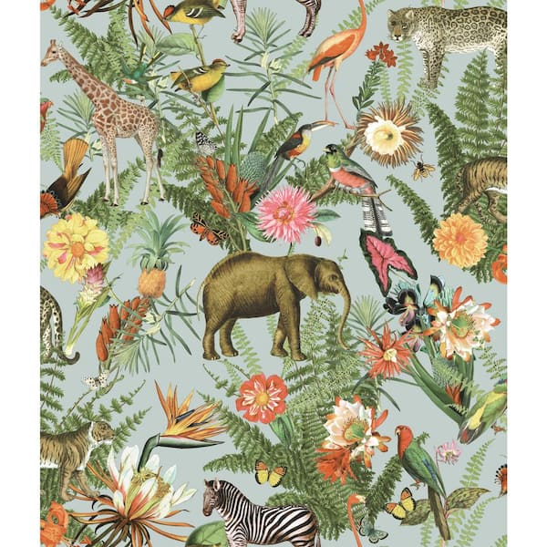 Green Tropical Zoo Peel and Stick Vinyl Wallpaper