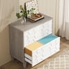 Gray wood file cabinet with one drawer open showing file folders.