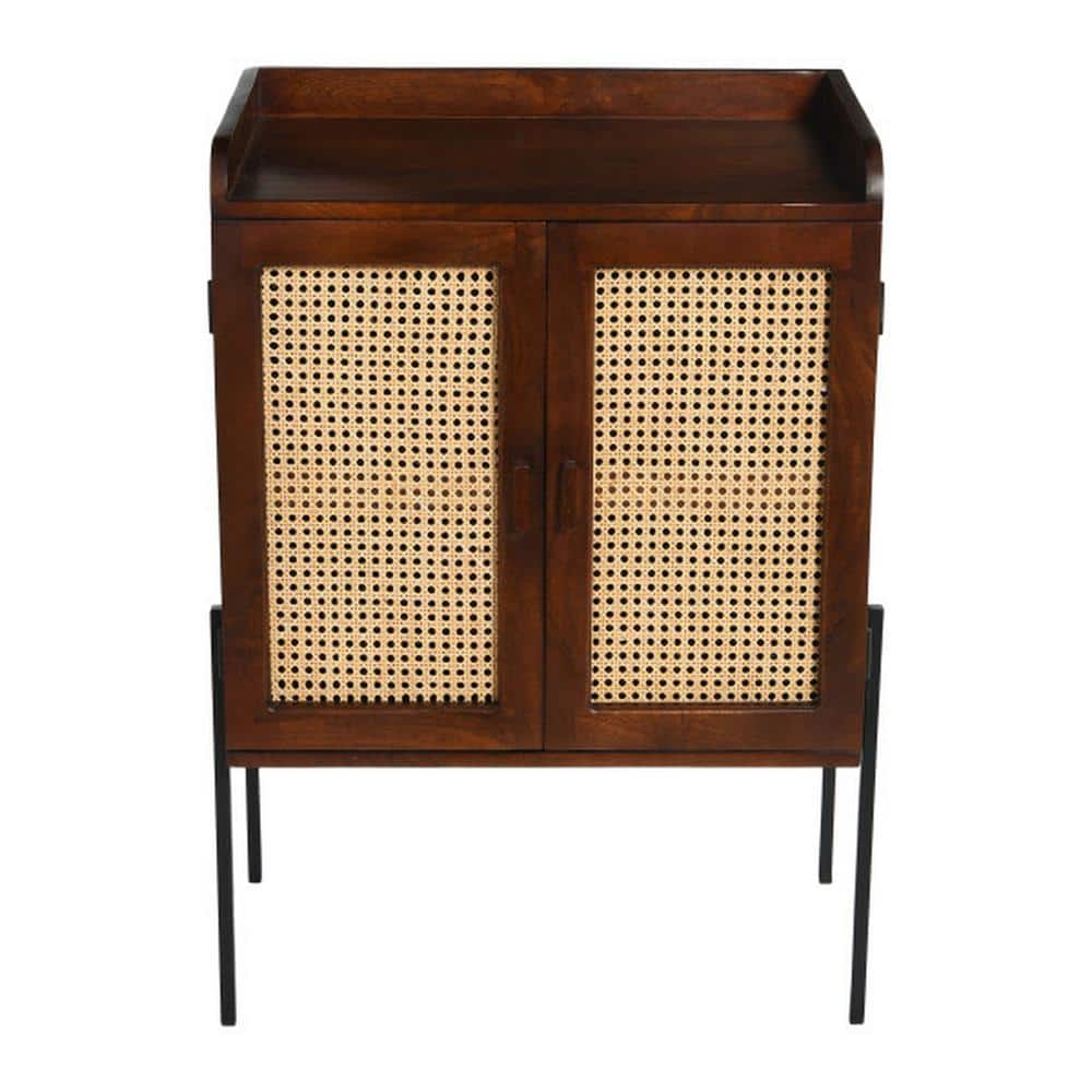 Walnut and Natural Boho Wood Bar Cabinet with Cane Doors