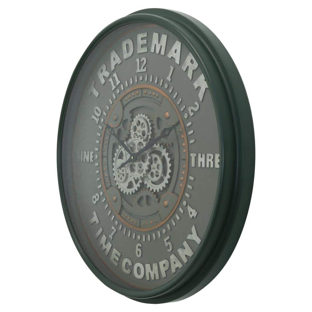 Large Black Metal Industrial Wall Clock with Open Moving Gears