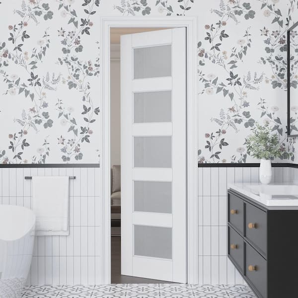 24 in. x 80 in. Solid Core 5-Lite Tempered Frosted Glass White Primed MDF Interior Door Slab