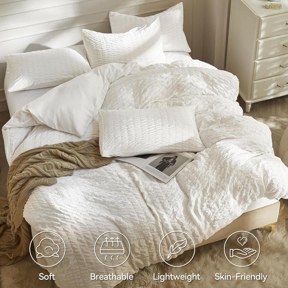 White Seersucker Queen Microfiber Duvet Cover Set, 3-Piece