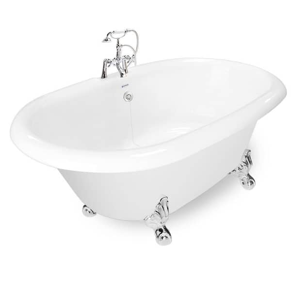 American Bath Factory 72 in. AcraStone Acrylic Double Clawfoot Non-Whirlpool Bathtub in White with Large Ball in Claw Feet in Faucet in Chrome