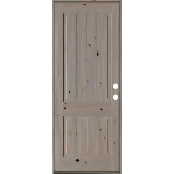 Krosswood Doors 30 in. x 96 in. Rustic Knotty Alder 2 Panel Arch Top V-Groove Left-Hand/Inswing Grey Stain Wood Prehung Front Door